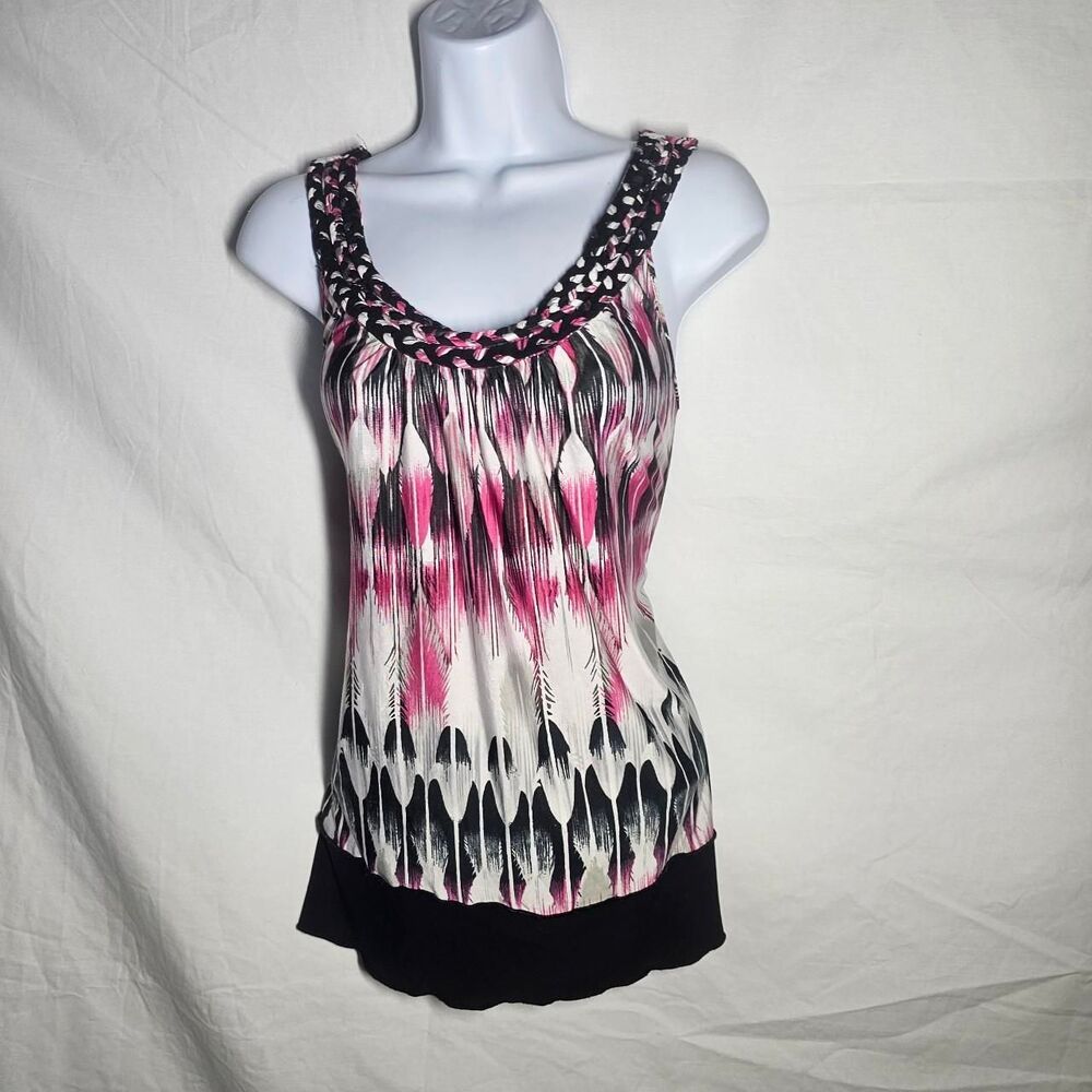 Vintage y2k pink black braided neckline patterned top